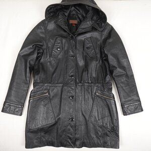 Danier Leather Jacket with Hood Women's Small Button Up Black Long Coat